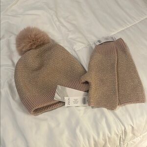 Beige metallic Knit Beanie and Gloves Set